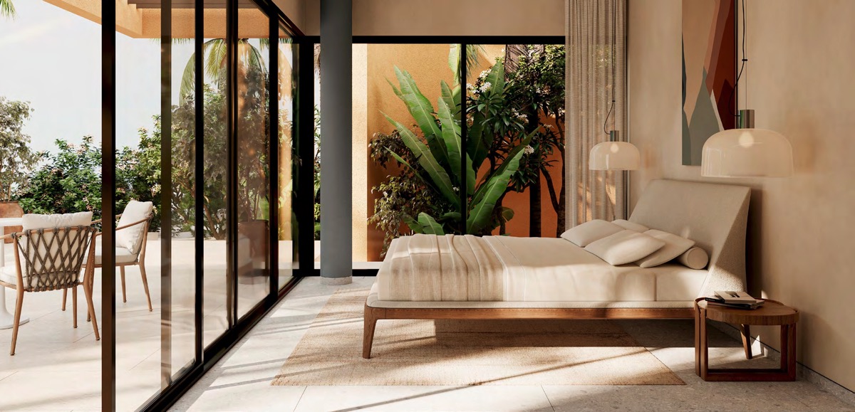 4 bed Tuban Island villa – illustrative bedroom opening towards the terrace