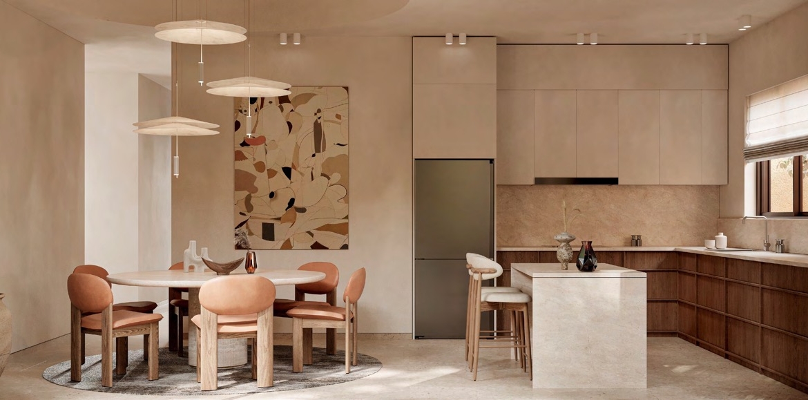 Tuban Islands villa illustrative kitchen and dining interior