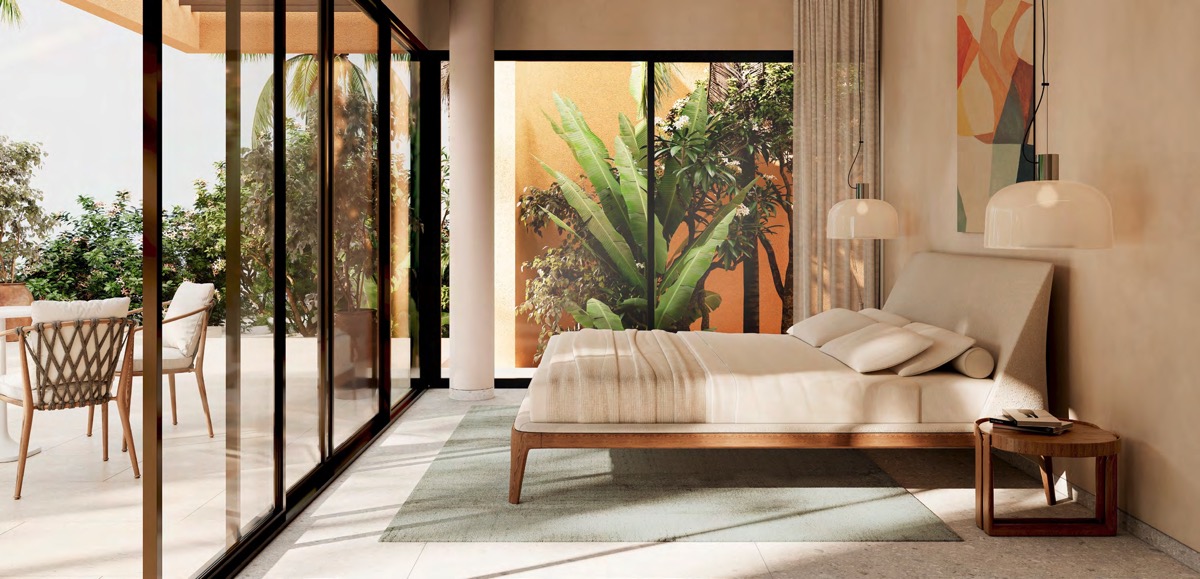 3 bed villa in Tuban Islands – illustrative bedroom opening towards the terrace