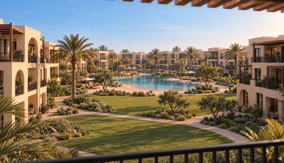Najan El Gouna sandy pools and landscaped courtyard from a terrace rendering
