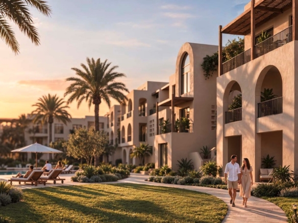 najan el gouna 3 bed apartment village walkway and apartments at sunset rendering