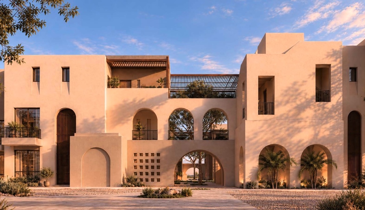 Najan El Gouna village entrance and sculpted apartment facades rendering