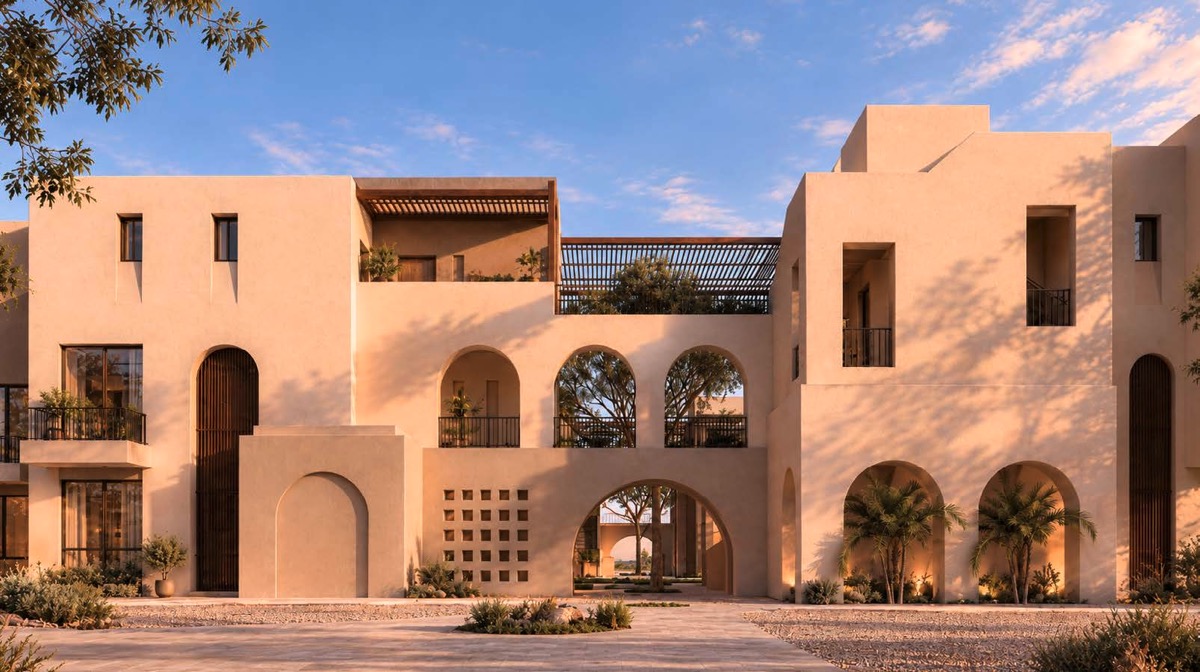Najan El Gouna village entrance and sculpted apartment facades rendering