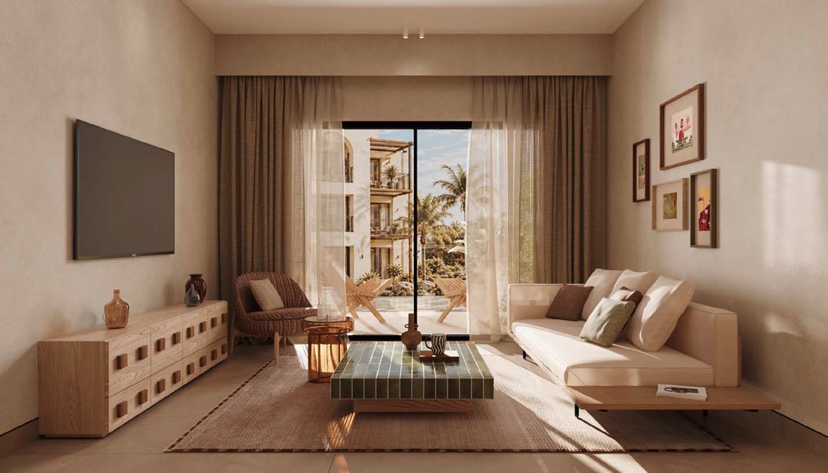Najan El Gouna 3 bed apartment living room with terrace access architectural rendering